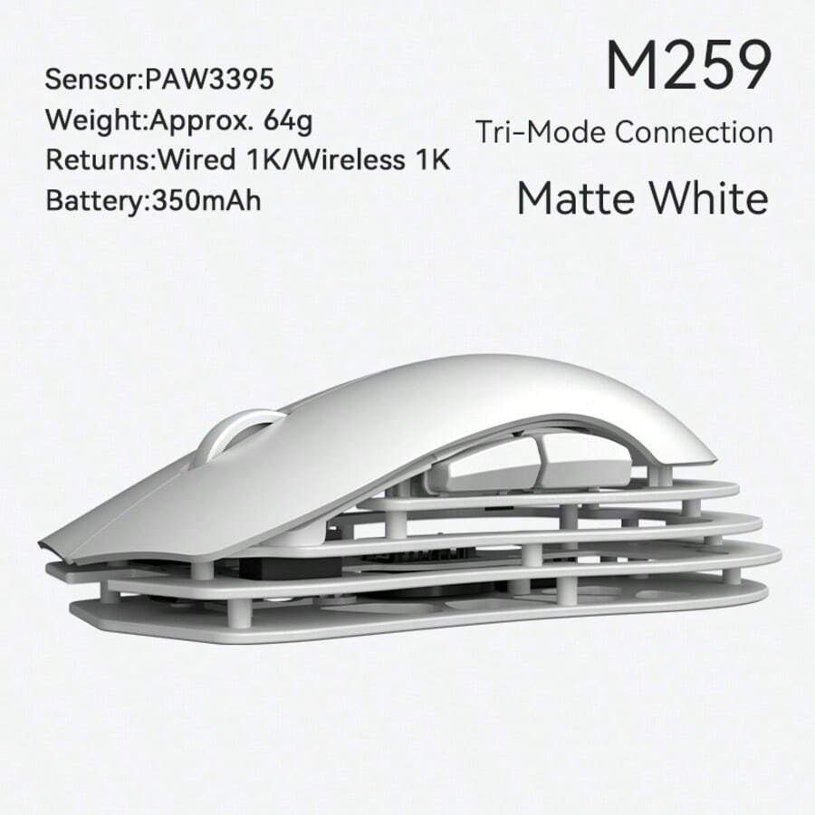 Ratón AJAZZ Light Krypton M259 de aleación de aluminio y magnesio con conexión de tres modos, diseño liviano, experiencia ultraligera de 64 g, el sensor PAW3395 es más rápido, tasa de retorno de 1k, batería de 350 mAh, batería de larga duración, ratón de diseño hueco de 7 botones