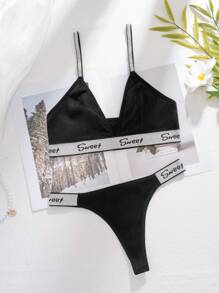 Women's Black Wirefree Sports Lingerie Bra & Thong Set, Comfortable, With Metallic Letter Decor