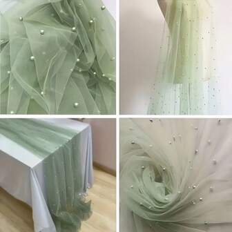 Elegant Ash Green Faux Pearl Beaded Sheer Fabric - 31.9 Inches Wide, Pre-Cut Jacquard Organza Lace Mesh, Light Tone, Suitable For DIY Wedding Dress, Gowns And Craft Decoration, Hand Wash Only