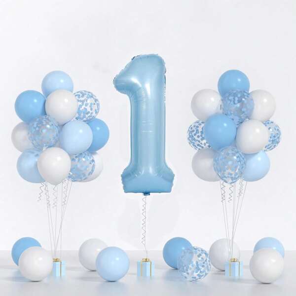 Globos azules y blancos para baby shower y 1 globo de 32 pulgadas, decoraciones de primer cumpleaños para niño con globos de confeti azul y blanco, globo grande de "1" feliz cumpleaños para la fiesta de cumpleaños de bebé niño