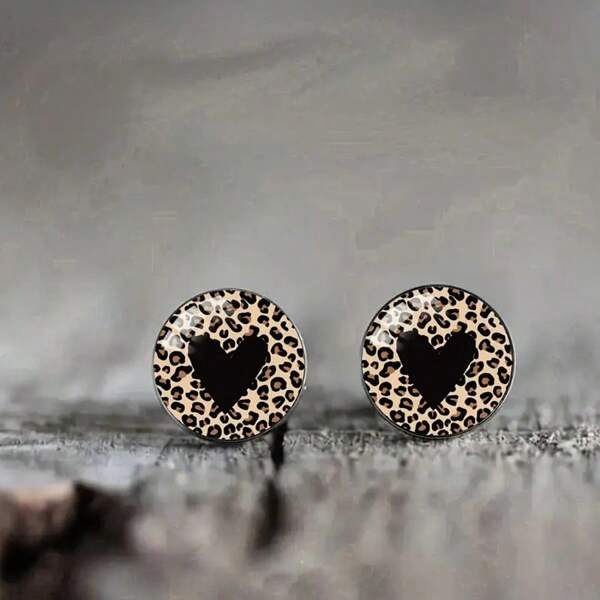 1 paire de boucles d'oreilles à cœur avec imprimé léopard à la mode pour femmes, convient pour un port quotidien