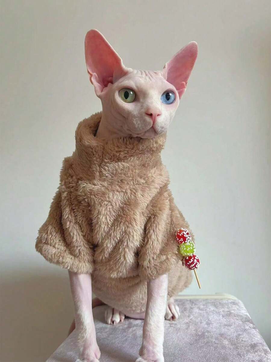 宠物猫毛衣休闲装,5 种颜色可选,温暖纯色柔软羊羔绒面料,适合秋冬季斯芬克斯猫和小型犬 - 杏色 - 查看 1