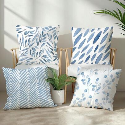 4 件蓝色简约叶子几何图案靠垫套套装，单面印花桃色天鹅绒材质，45*45/50*50/40*40 厘米枕套，适用于现代布艺沙发室内装饰、派对装饰、礼物