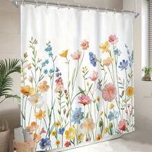 [Wildflower Shower Curtain] 1pc Wildflower And Shower Curtain - Watercolor Embroidered Floral Plants, Rural Pink And White Small Flowers, Artistic Aesthetic Home Decoration. The Shower Curtain Comes With 12 Plastic Hooks Back To School