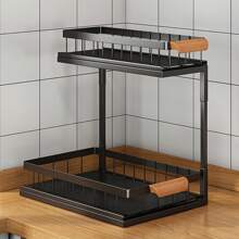 1pc Carbon Steel Under-Sink Storage Rack - Adjustable Multi-Tier Organizer For Kitchen & Bathroom Cabinets, Space-Saving Layered Shelves, No Power Needed, Bathroom Rack Organizer, Rustresistant Material