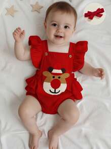 Baby Girl Christmas Outfit, Fly Sleeve Embroidery Elk Romper Overalls With Hairband For Casual Daily