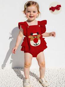 Baby Girl Christmas Outfit, Fly Sleeve Embroidery Elk Romper Overalls With Hairband For Casual Daily