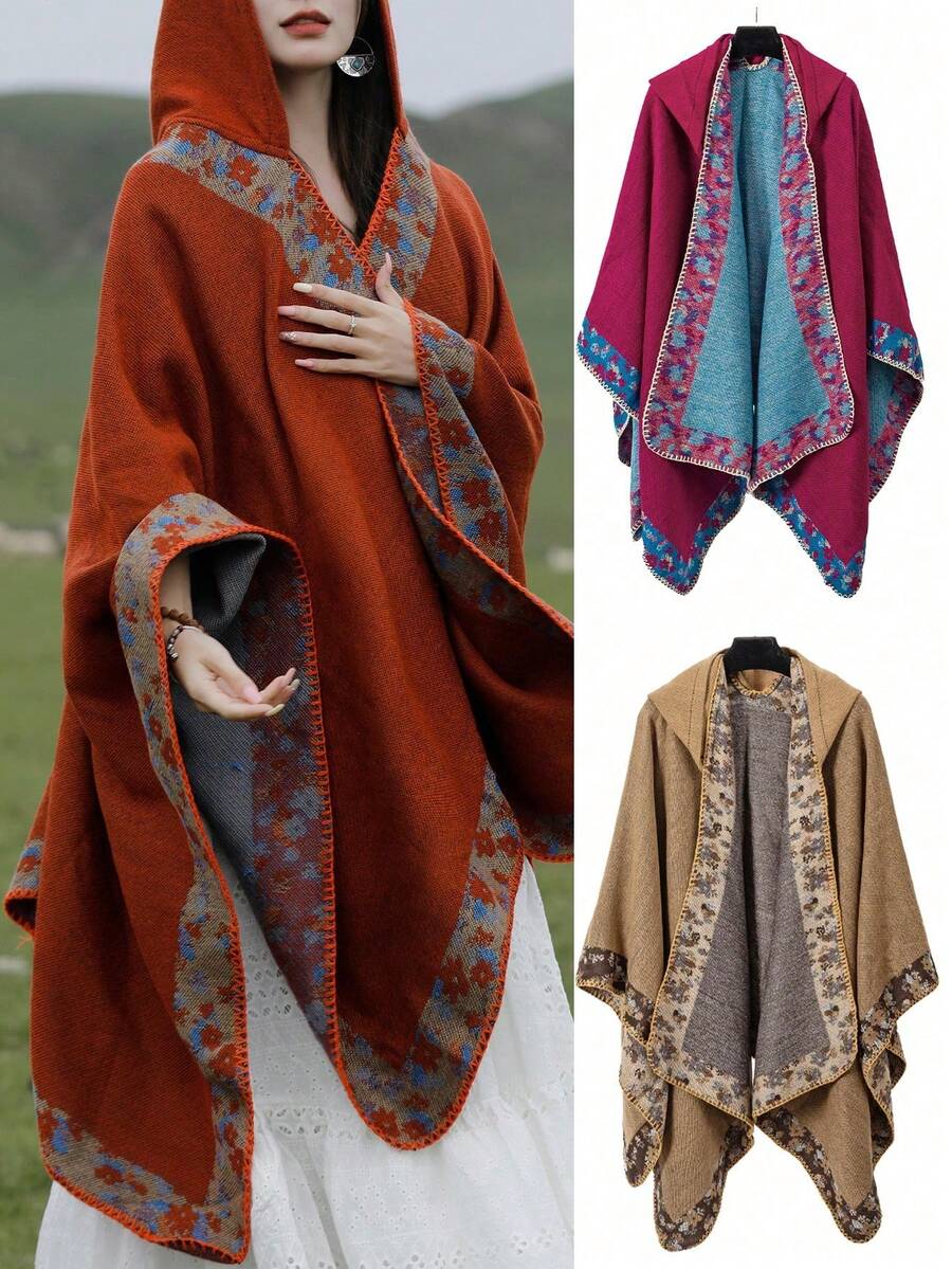 1PC Multi-Functional, Enlarged And Thickened Cape That Can Be Used Throughout The Four Seasons, With A Small Floral Border Design And A Hooded Shawl. It Is Suitable For Outdoor Windproof And Warmth Keeping, As Well As Travel Photography And Holiday/Performance Dressing