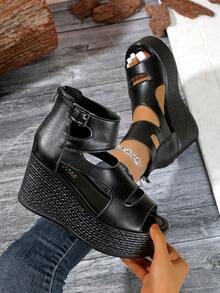 Women's Fashion Versatile Thick Sole Wedge Heel Open Toe Sandals With Zipper Back, Black Color, Summer - Black - View 6