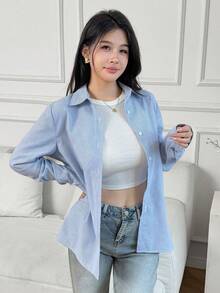 Women's Striped Button Down Long Sleeve Casual/Business Blouse - Blue and White - View 3