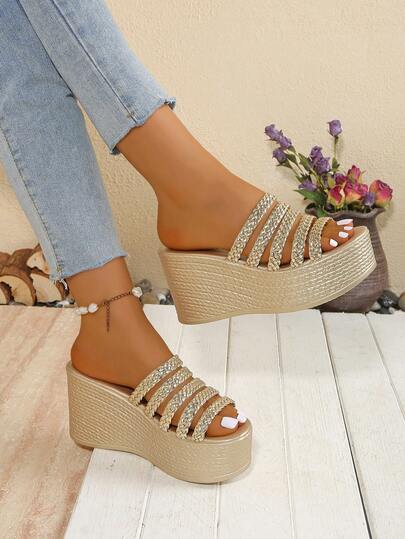 厚底坡跟凉鞋，2025夏季女神风，厚底鞋，时尚编织带拖鞋，防水厚底拖鞋