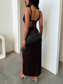 Look Polly Women's Easter Concert Mother's Day Elegant And Sexy Girl Style Old Money Style Design Sense High Grade French Wedding Banquet Party Festival Party Banquet Cruise Vacation Long Dress Carnival Dress Petite Women's Semi Formal Evening Dress Lace Splicing Strap Middle Long Dress Winter Women's Dress Summer Women's Ball Elegant Birthday Party Long Style Spring Autumn Tea Party Hidden Blue Split Strap Dress Wedding Dress 90s Clothing - Black - View 5