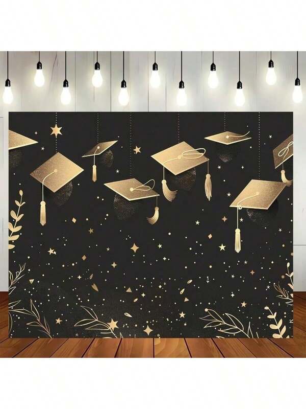 1pc Graduation Photography Background, Shiny Gold And Black Pattern, Graduation Party Cake Table Backdrop Banner, Home Indoor Outdoor Decor