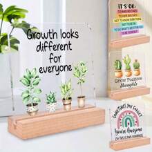 [Office Decor] Inspirational Acrylic Desk Plaque "Growth Looks Different For Everyone" - 4x4 Inches, English Version With Wooden Stand, Ideal For Office, Classroom & Partition Decor, Motivational Gift With Protective Film, Office Decor Accessory | Modern Acrylic Plaque | Clear Text Design, Perfect For Room Decor,Back To School,School Supplies