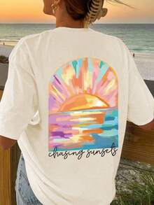 Camiseta de talla grande para mujer con estampado de coco, camiseta suelta de color cómodo con puesta de sol, camiseta de playa de vacaciones de verano de talla grande, camiseta de surf de verano, blusas, camisetas, verano para mujer, camisetas gráficas para mujer, blusas para mujer, camiseta de talla grande - Albaricoque - Ver 5