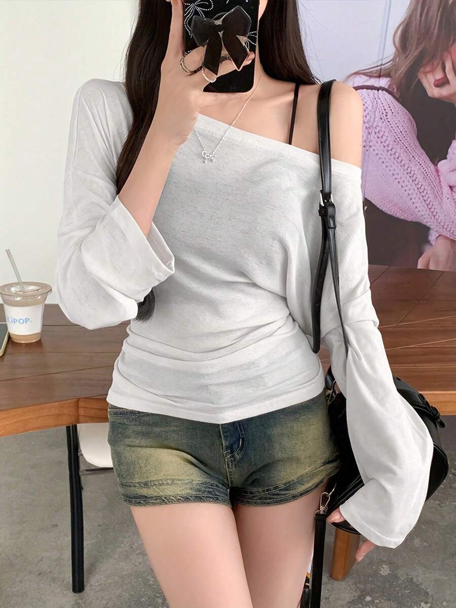透明高腰收腰长袖罩衫,宽松修身,适合性感女士 - 白色 - 查看 1