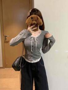 甜美蕾丝与蝴蝶结拼布修身女式上衣，春夏