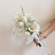 1 套白色新娘婚礼花束，人造郁金香花，逼真触感新娘伴娘婚礼花束，新娘花束婚礼装饰，周年纪念装饰，生日派对装饰，毕业礼物 - 白色 - 查看 16