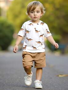 2pcs/Set Toddler Boys' Summer Dinosaur Print Round Neck Short Sleeve T-Shirt And Casual Shorts Set