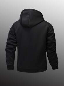 1 pieza Chaqueta con capucha y forro térmico para hombres para otoño/invierno, Chaqueta deportiva con cremallera de unicolor y casual, Exterior de tejido de punto de poliéster, Ajuste regular, Apropiada para deportes, senderismo y uso diario, Con bolsillos con cremallera
