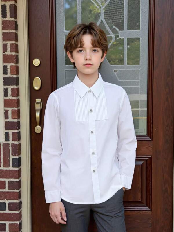 Teen Boy Vintage Pleated White Shirt | Campus Style Back To School | Long Sleeve Fitted Student Uniform Top, Campus Style Shirt, Vintage Pleated Shirt, White Shirt, Back To School, Children Long Sleeve Top, Student Uniform Style, College Style Boys Shirt