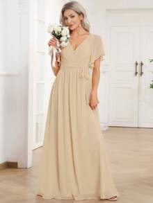 Butterfly Sleeve Tie-Front Backless V-Neck Solid Color Wrap Elegant Chiffon Champagne Bridesmaid Dress, Wedding Guest Dress, Spring Semi-Formal Dress - Champagne - View 5