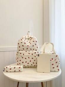 3件套可爱草莓印花旅行背包，大容量，适合上学、毕业典礼及各种场合。新款青少年背包，灯芯绒材质，草莓印花，适合小学生、初中生和高中生。 - 米色 - 查看 2