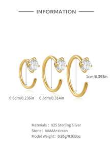 1pc S925 Sterling Silver CZ Nose Ring Body Jewelry, Women's Size 6mm/8mm/10mm