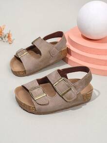 1 双儿童夏季柔软舒适凉鞋，男童棕色钩环时尚休闲露趾沙滩鞋 - 駝色 - 查看 1