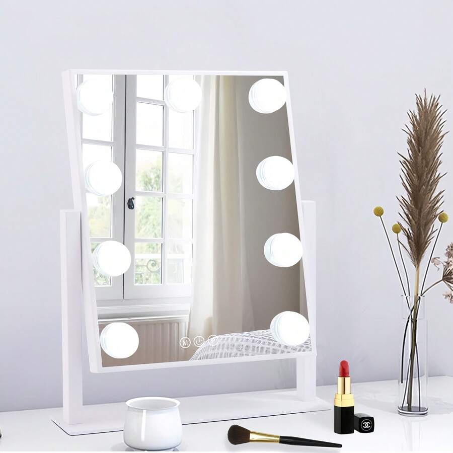 Lighted Makeup Mirror| Vanity Mirror With Lights, Touch Control Design 3 Colors 9 Dimable LED Bulbs, Detachable 5X Magnification, 360°Rotation& Smart Touch Control For Home,Room,Bedroom Decor, (White) 12" L X 14" W