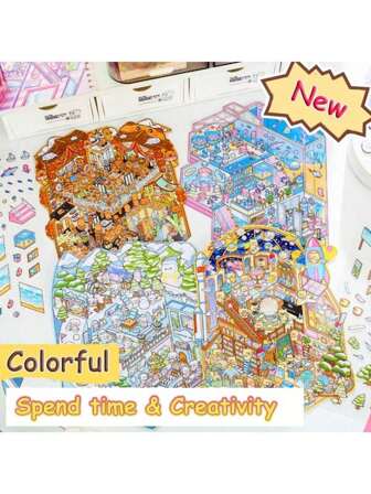 2 Sticker Sheets + 1 Scene Card, New Capybara Cartoon Simulation Playset, Creative 3D Miniature Scene Sticker Craft Kit, Cute Stress Relief DIY Sticker Collage, Educational Townhouse, Decorative Storage Stickers, No Cutting 3D Layered House Stickers