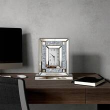 Luxury Mirrored Table Clock With Silver Crushed Diamonds (13.2"X11.8") - Silent, Beveled Glass Desk Clock For Living Room, Bedroom, Office - Bạc - Xem 3