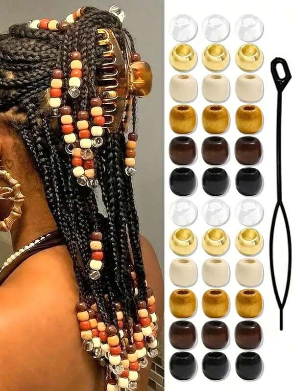 60/50/40/38/13pcs Woven Wooden Hair Beads, 6pcs Colorful Hair Jewelry Braids Accessories, Cute Braids Decor Jewelry Making Kit