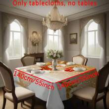 1pc Polyester Christmas Snowman Theme Tablecloth, Warm Golden Background With Exquisite Gifts & Christmas Tree Decorations, Suitable For Holiday Parties And Family Gatherings, Adds Festive Atmosphere. Ideal For Outdoor Parties, Picnics, Dinners, Home And Restaurant Decor