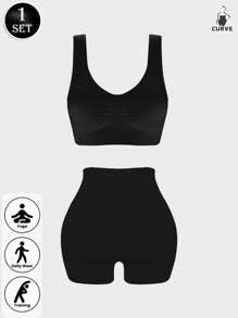 Women 2pcs Medium Suppor Ank Lop Ribbed Seamless Removable Cups Workout Exercise Sport Bra, Oga Ribed Seamless Workout High Waist Athletic Legging Shorts