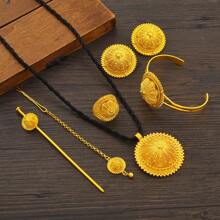 6 Peças/Conjunto Clássico Árabe Conjunto de Joias Cor Dourada: Colar Flor Pingente Anel Brincos Pulseira Headchain Tiara, Para Noiva Africana Casamento, Presente de Festa de Feriado
