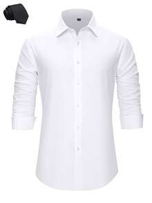 Men's Solid Casual Long Sleeve Button-Up Dress Shirt With A Necktie Included For Wedding Party Prom Old Money Style White Size XS-3XL - White - View 10