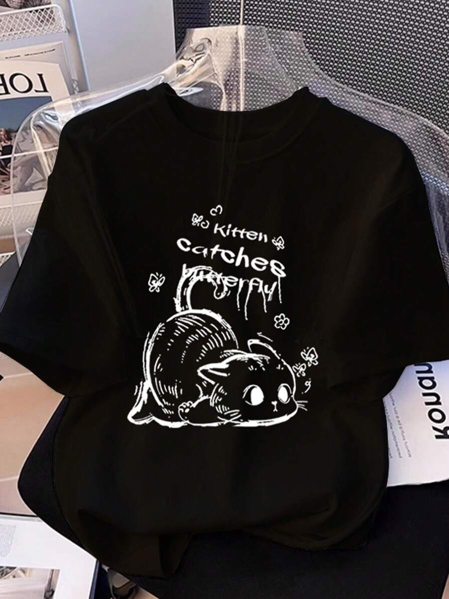 200g Pure Cotton T-Shirt 2025 Summer Ladies New Short Sleeve Pure Cotton Holiday Pattern Short Sleeve Round Neck Couple Wear Small Shirt Tops - 黑色 - 查看 1