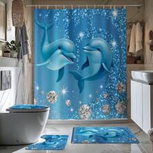 1/4 Stück Blauer Delfin & Strass Themen Badezimmer Set, beinhaltet Duschvorhang, Badematte, U-förmiger Toilettendeckel, wasserdicht, modernes und stilvolles Badezimmer Dekor, ohne Bohren, maschinenwaschbar Polyester Rückseite Für den Schulanfang