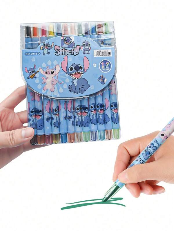 Disney Juego de útiles de papelería Disney Lilo y Stitch con lápices de cera giratorios de 12 colores, lápices de dibujo, rotuladores y barras de pintura al óleo de crayón largo en estilo aleatorio (algunas partes pueden ser aleatorias)