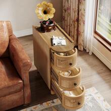 Tribesigns Solid Wood End Table, 3-Drawer Rattan Side Table, Night Stand With 3 Rattan Drawers And Exquisite Embossed Handles For Living Room, No Assembly Required (Oak - Gỗ sồi - Xem 3