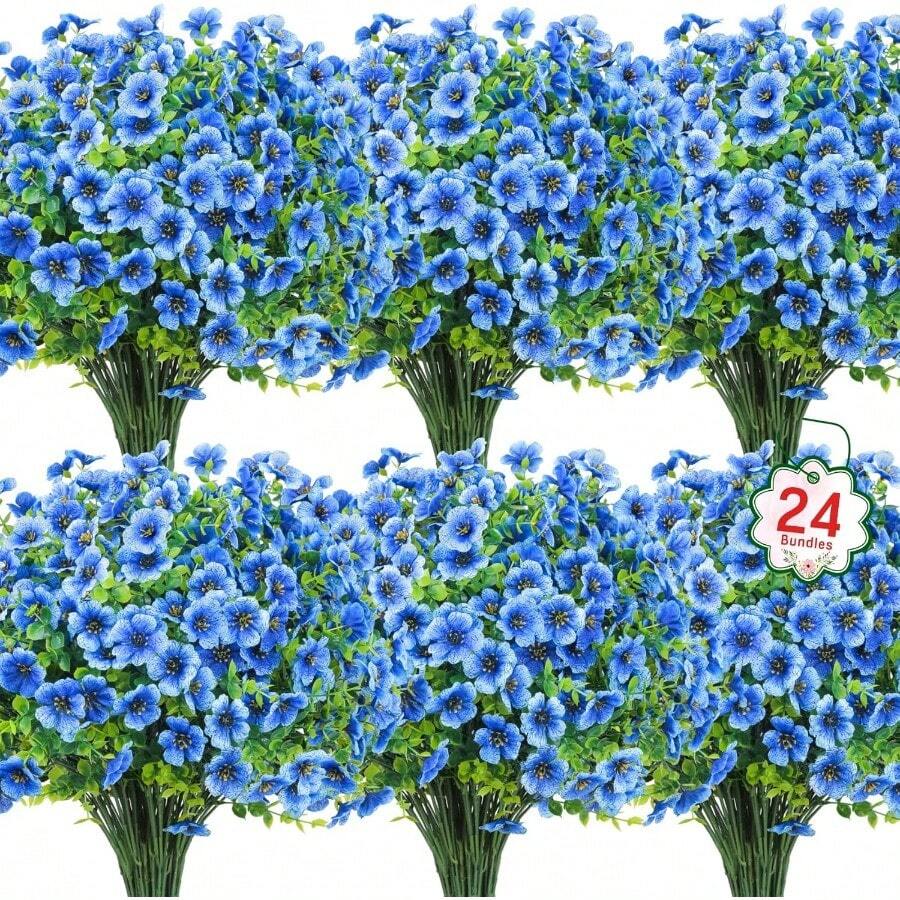 24 Bundles Artificial Flowers For Outdoors Fake Silk Flowers UV Resistant Faux Plastic Plants For Spring Summer Garden Porch Window Box Table Vase Home Indoor Outdoor Decoration, Mixed - Blue - View 1