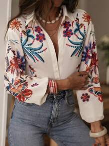 女士休闲度假优雅浪漫经典花卉叶图案印花衬衫 - 杏色 - 查看 2