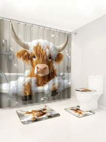 1pc/4pcs Funny Highland Cow Shower Curtain Set, Adorable Yellow Calf Bathing In Tub, Bathroom Set With 12 Hooks, Non-Slip Rugs, Toilet Lid Cover, U-Shaped Mat, Machine Washable, Complete Bathroom Accessories Decor Set Back To School