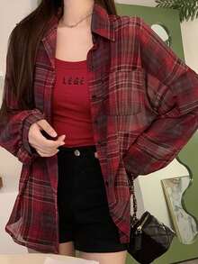 女士格纹落肩长袖单排扣休闲宽松衬衫，随机件数