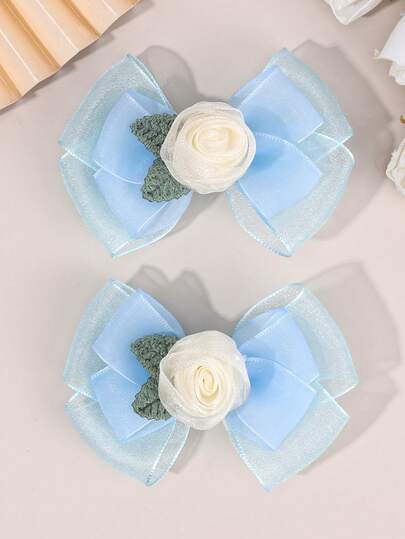 2个女童网状玫瑰花发夹，优雅蓝色女童发夹，精致鳄鱼夹，适合夏季日常和假日佩戴，发饰