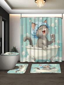1/4 件卡通 McBa 唱歌猫浴帘套装，浴缸里戴着蓝色蝴蝶结的淘气灰猫，俏皮的猫咪图案，浅蓝色格子背景，可水洗涤纶，浴室装饰的理想选择，荷叶边顶部浴帘 | 爱猫人士的礼物，四季皆宜 - 彩色 - 查看 3