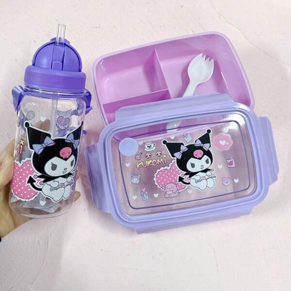Sanrio Set bento a 3 scomparti con tazza per bere di Kuromi di Sanrio - Simpatico bento box cartoni animati con contenitore per la frutta, organizzatore di pasti portatile diviso, perfetto per scuola, ufficio e picnic all'aperto, forniture scolastiche, ritorno a scuola