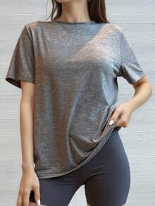 Camiseta de mujer de yoga, de manga corta, de sencillez, con suavidad y transpirabilidad, para deportes y uso casual - Gris Oscuro - Ver 2