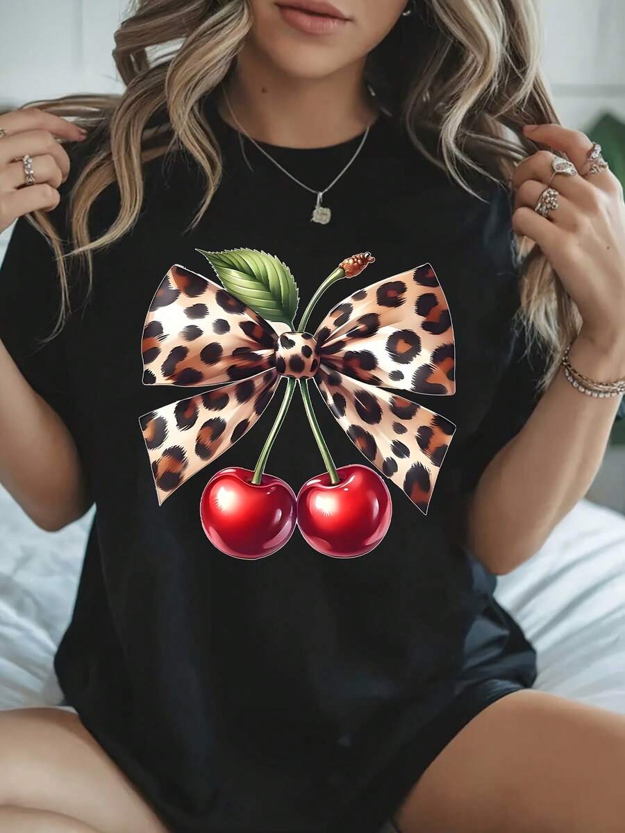 Women's Casual Short Sleeve T-Shirt Cherry Graphic Print Design, Loose Fit Crew Neck Knit Top, Breathable Spring, Summer And Fall T-Shirt, Gift For Her - màu đen - Xem 1